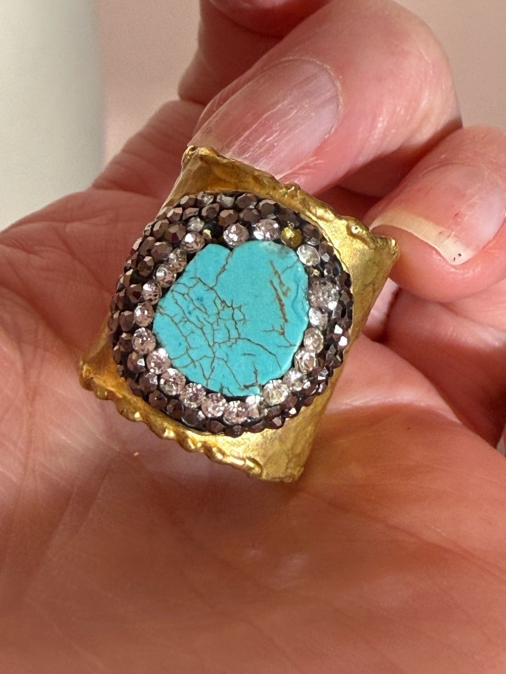 Matte gold brass brutalist stone pave black clear crystal Boho oversized Ring